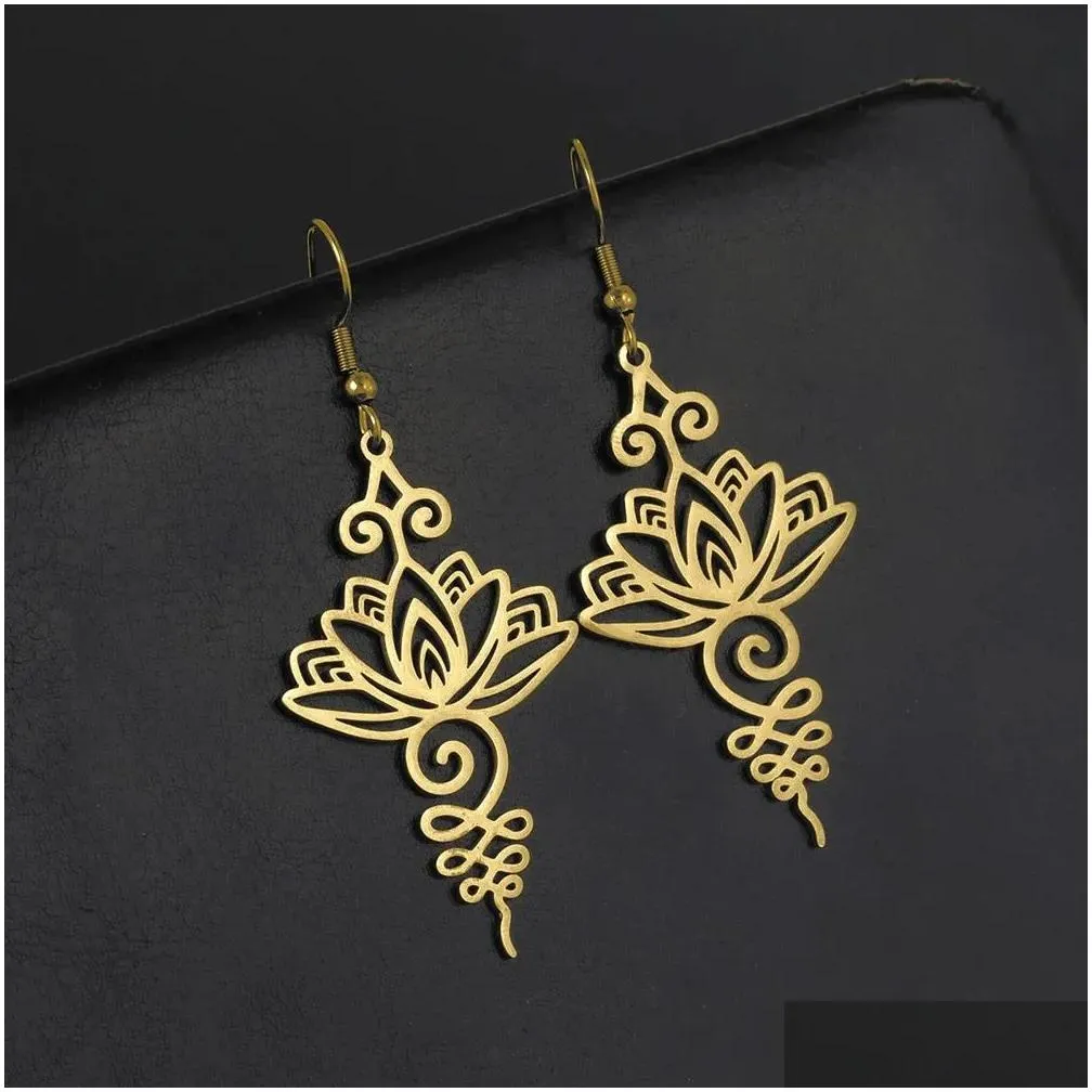 Unalome Pendant Long 14k Gold Earrings Hippie Yoga Lotus Flower Drop Earrings for Women Ethno Buddhism Jewelry