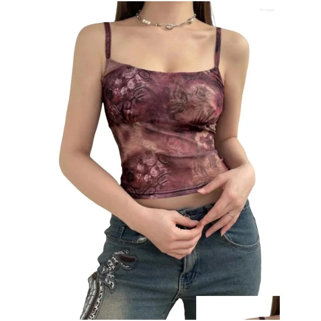Women`s Tanks Women Spaghetti Straps Mesh Sheer Camisoles Sexy Sleeveless Sling Vintage Print Tank Tops Summer Vests Streetwear