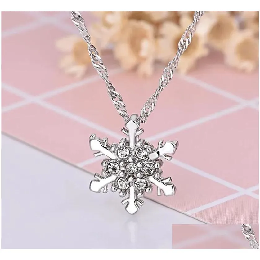 Pendant Necklaces New Arrival Blue Crystal Snowflake Frozen Flower 925 Sier Necklace Pendants With Chain Best Gift For Girl Ship Drop Dh7Pk