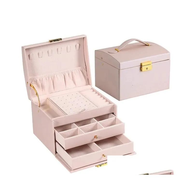 Jewelry Boxes Mtifunctional Threelayer Leather Derstyle Box Earrings Lock 230310 Drop Delivery Dhqlt