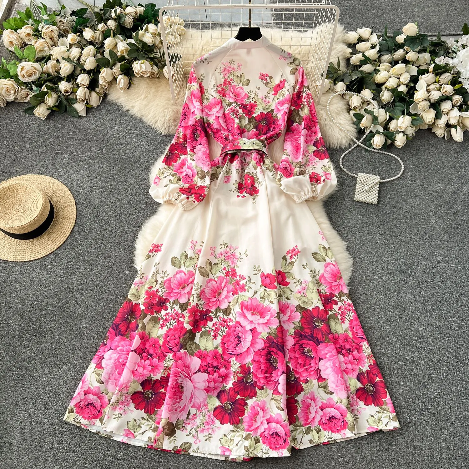 Casual Dresses A-Line Sexy Summer Elegant Gorgeous Floral Bohemian Dress Spring Women Stand Long Lantern Sleeve Floral Print Belt Linen Long Vestidos Clothes