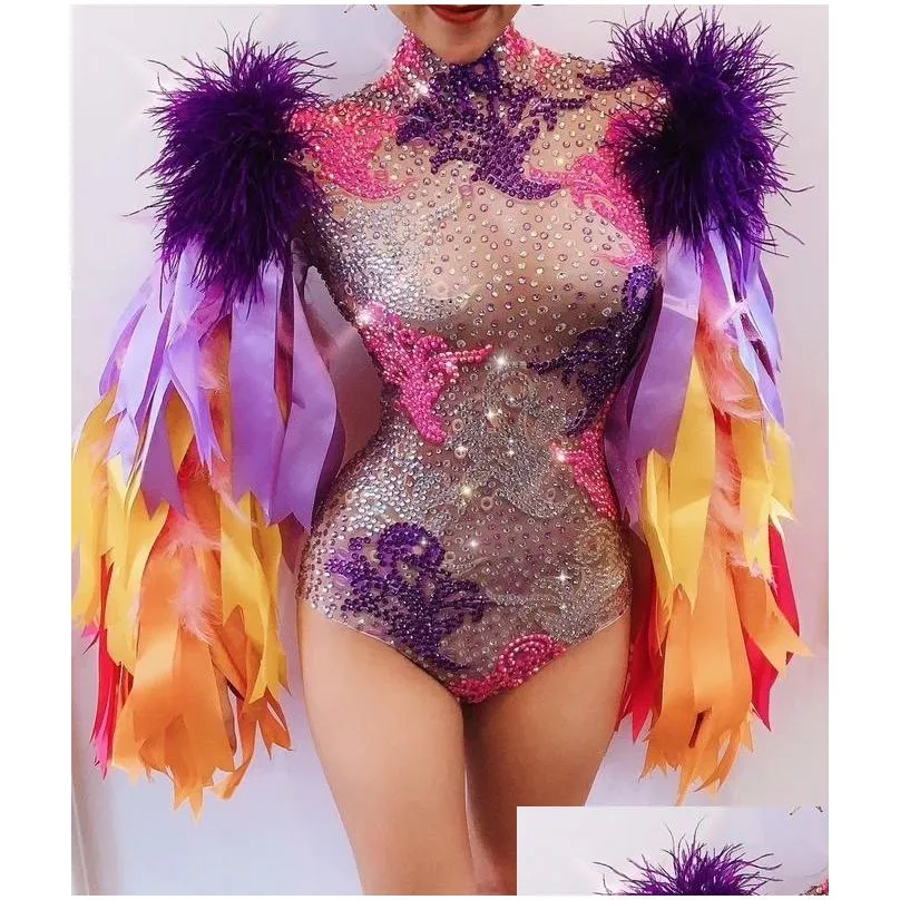 Basic & Casual Dresses Drop Colourf Feather Sleeve Bodysuit Women Nightclub Bar Party Outfit Performance Dance Costume 220812 Deliver Dhkpb