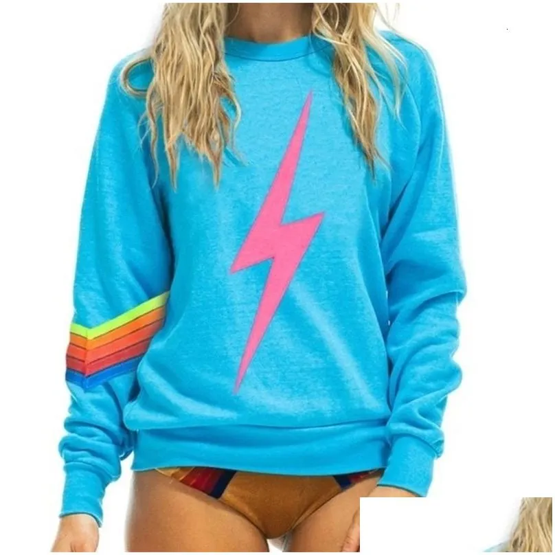 Women`S Hoodies & Sweatshirts Women S 2023 Autumn And Winter Elastic Sweatshirt Rainbow Print Round Neck Plover Nation 5 Srtipe Sweat Dhj49