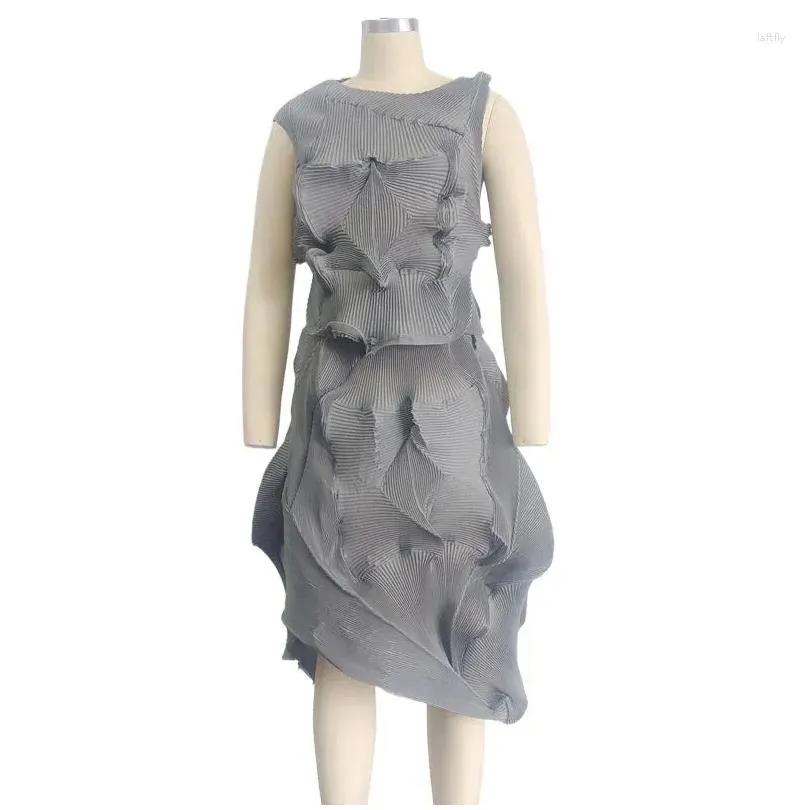 Work Dresses Miyake Pleated Suit Women`s 2024 Summer Irregular Elegant Two-piece Skirt Set Outfit For Prom Female Clothing