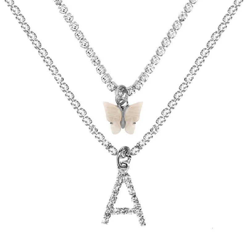 Multilayer Butterfly Pendant Necklace Women Silver Color 26 Initials Letters Crystal Chain Necklace Collar Jewelry