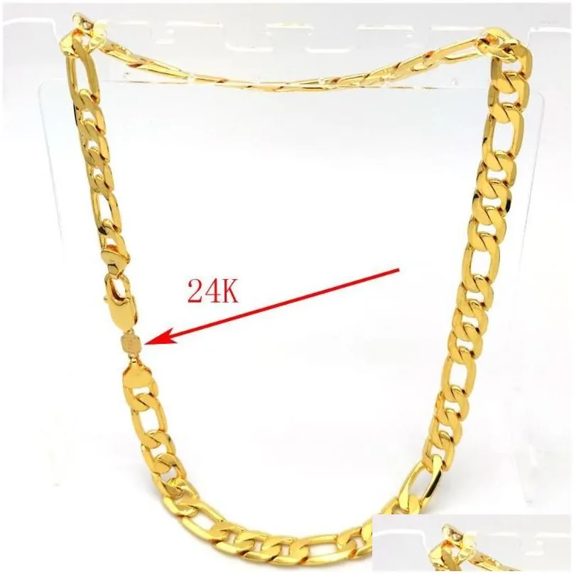 Chains Solid Hallmarked Yellow Fine Stamep 24 K Gold GF Figaro Chain Link Necklace Lengths 12 Mm Italian 60 CM Heavy