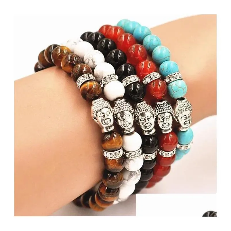 Beaded New 10 Pcs/Lot Mens Buddha Bracelet Turquoise Black Onyx Red Dragon Veins Agate Tiger Eye Semi Precious Stone Jewerly Drop Del Dhdsz