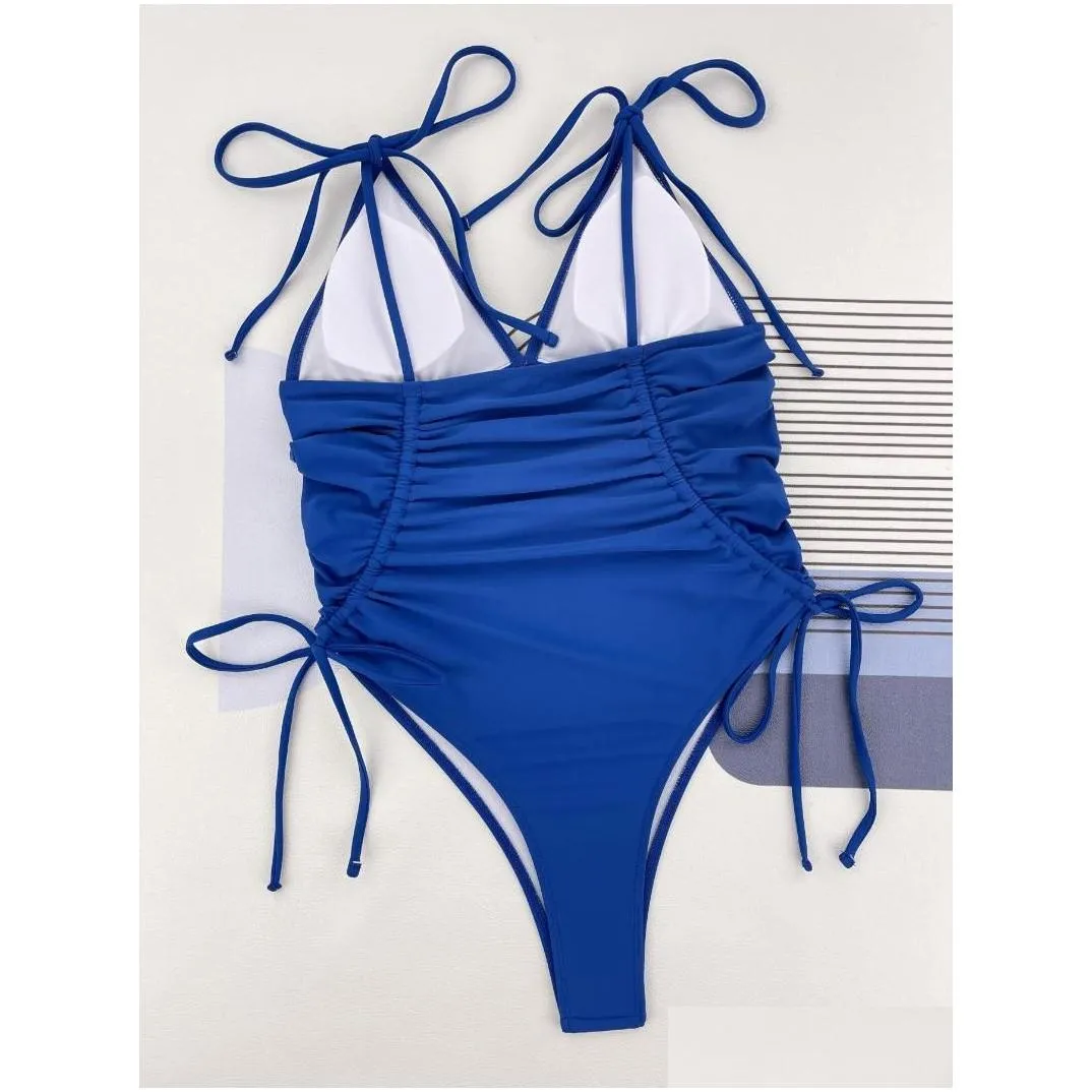 Women`s Swimwear Wrinkled V Neck Lace Up Strappy Women One Piece Swimsuit Female High Leg Cut Monokini Bather Bathing Suit Swim