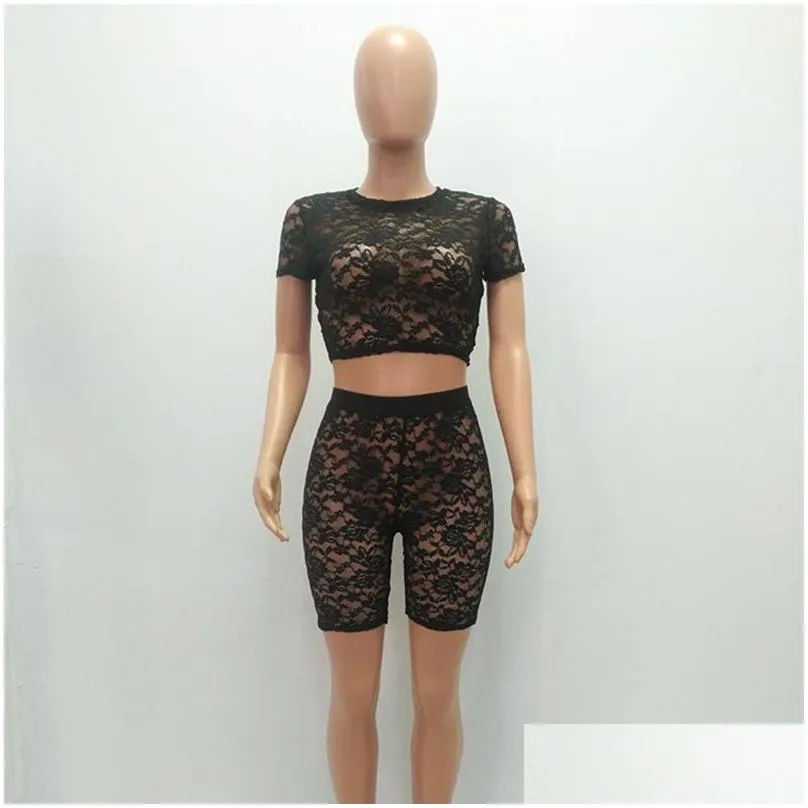 Women`S Tracksuits Anjamanor Floral Lace Black Y 2 Piece Set Crop Top And Shorts Matching Sets Summer Club Outfits For Women Clothes Dh6Bz