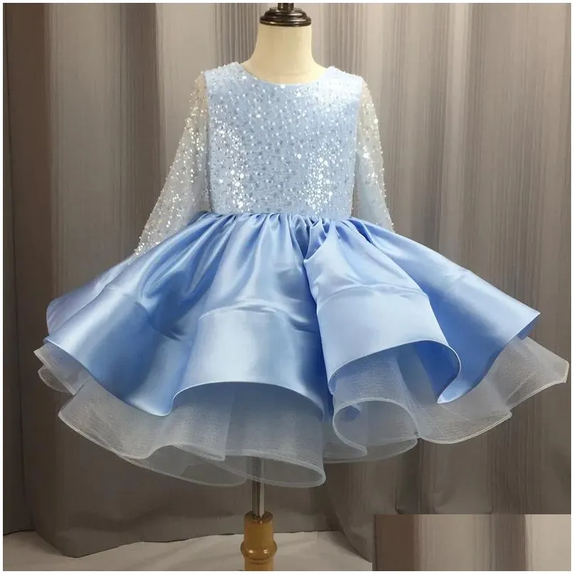 Girl`s Dresses Formal Long Sleeve Lace Sequins Wedding Princess Dress Host Birthday Evening Bow Kids Dress for Girl Bridesmaid Children Clothes