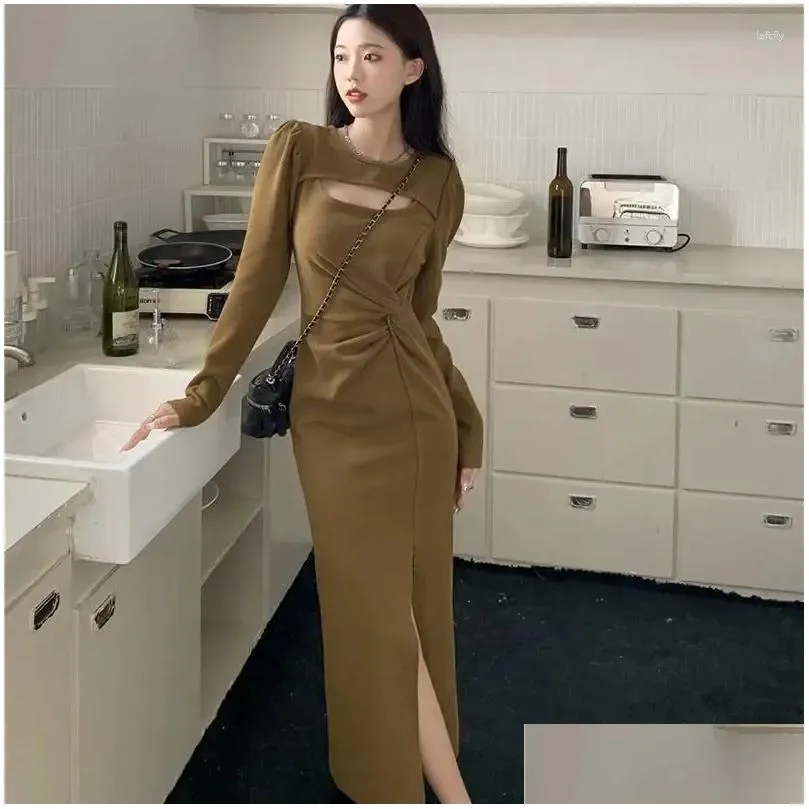 Casual Dresses Women Folds Mid Calf Dress Korean Side Slit Long Sleeve Knitted Sexy High Waist Hollow Out Party Club Skinny Vestidos