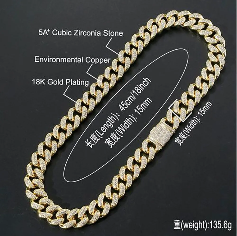 15mm icedmiami cubanlink diamond chain necklace 14K white gold plated cubic zirconia jewelry 7inch-24inch gifts269h