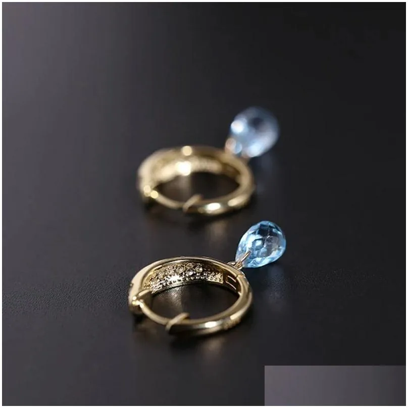 Designer original 14k Gold inlaid oval blue crystal pendant womens Earrings exquisite luxury elegant charm jewelry