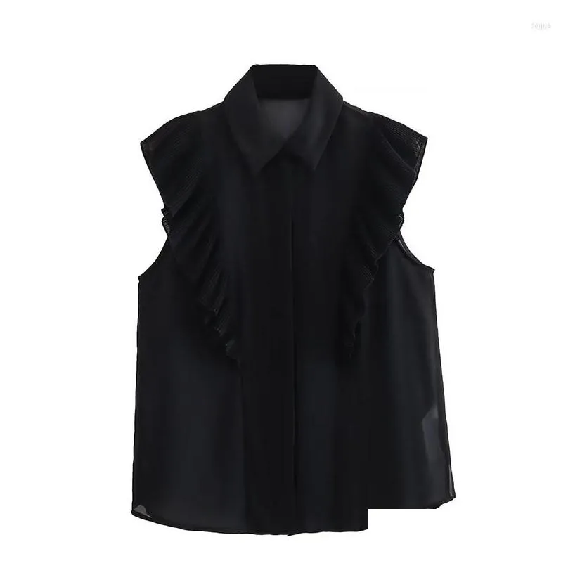 Women`s Blouses 2023 Black Shirt Ruffles Translucent Woman Sleeveless Lapel Tops For Women Summer Shirts And