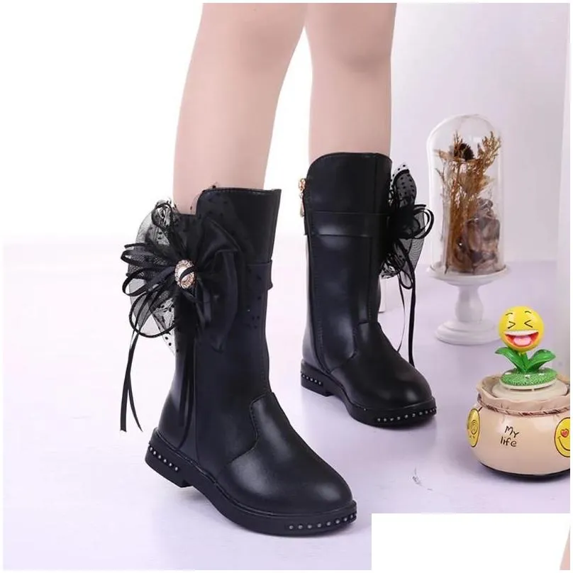 Boots Toddler Infant Kids Baby Girl For Princess Butterfly Knot Shoes Fashion Leather Chaussure Enfant Fille Hiver#Y4