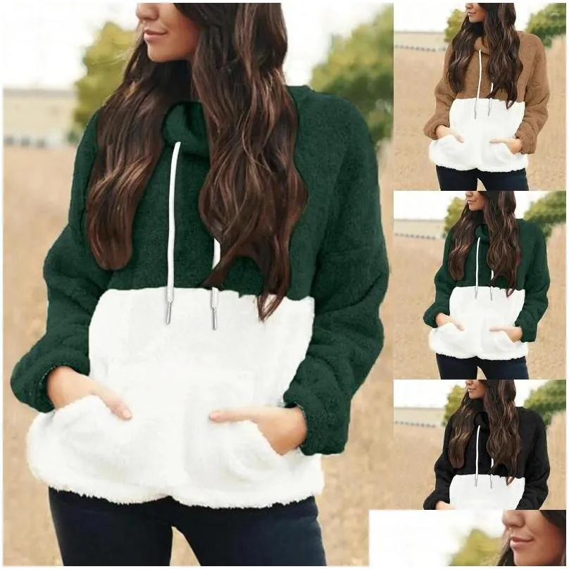 Women`s Hoodies Autumn Winter Casual Women Long Sleeve Hooded Sweatshirt Contrast Color Warm Pocket Fuzzy Cute High Quality Cozy