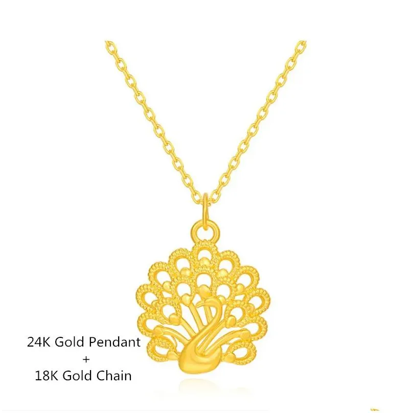 Chains SMILE Full Gold 999 Auspicious Bird Peacock Hollow Out Pendant 3D Hard Au750 Chain Women`s Boutique Jewelry Gift P204