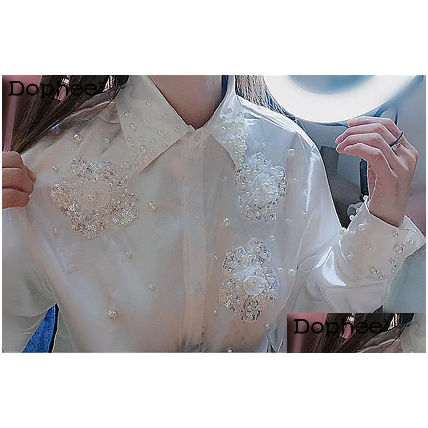 Women`S Blouses & Shirts Womens Korean 3D Flower Heavy Sequins Beaded White Shirt Women High End Satin Collar Long Sleeved Blouse Sum Dhlze