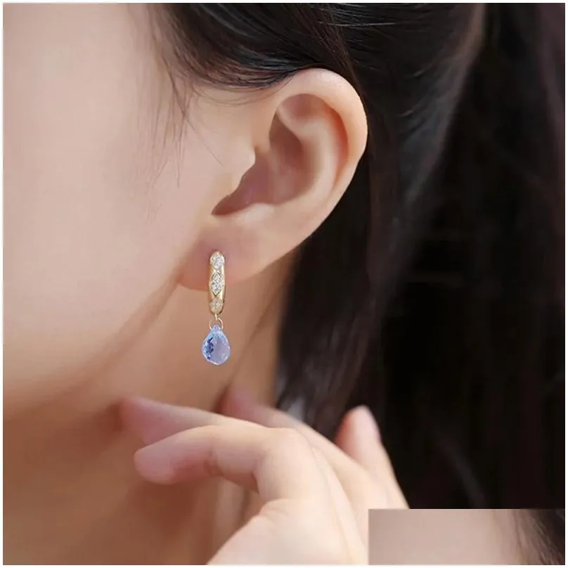 Designer original 14k Gold inlaid oval blue crystal pendant womens Earrings exquisite luxury elegant charm jewelry
