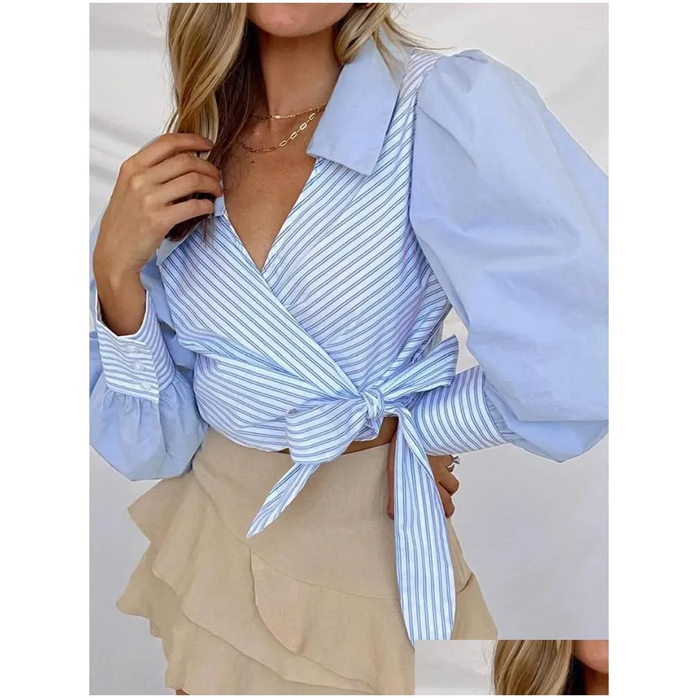 Women`s Blouses 2023 Shirts Fall Casual Patchwork Tops Lantern Long Sleeves Striped Office Fashion Lapel