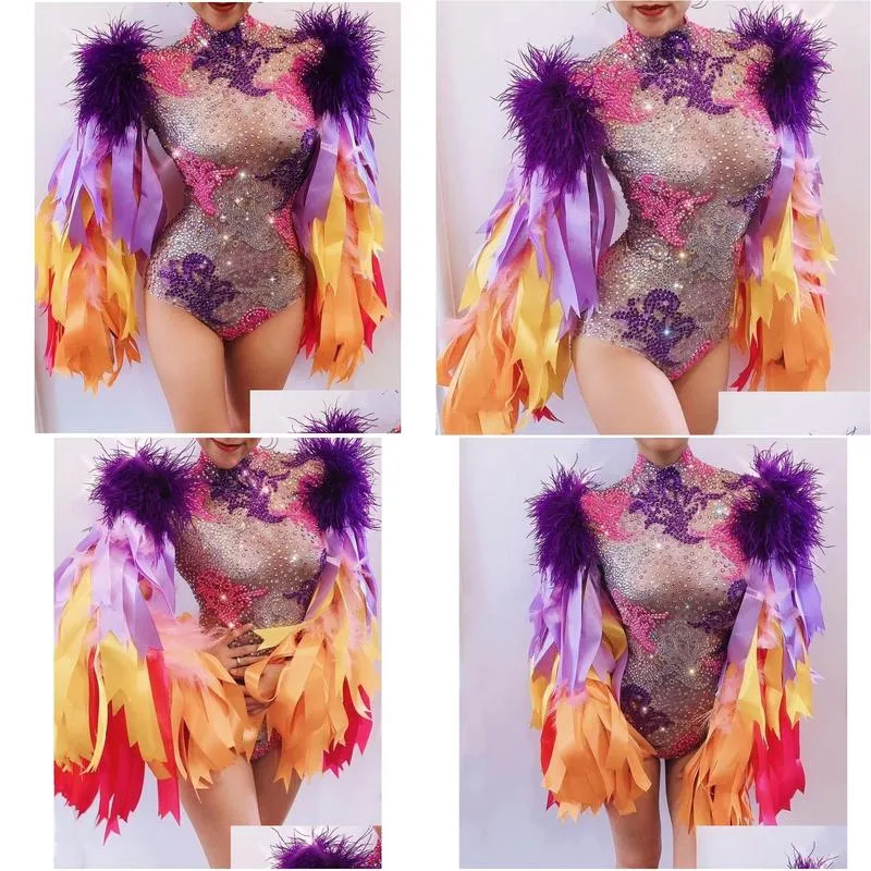 Basic & Casual Dresses Drop Colourf Feather Sleeve Bodysuit Women Nightclub Bar Party Outfit Performance Dance Costume 220812 Deliver Dhkpb