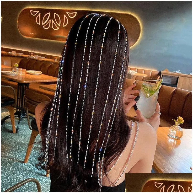 Shine Full Rhinestone Headband for Women Long Tassel Crystal HairClip Wedding Party Hair Accessories Jewelry
