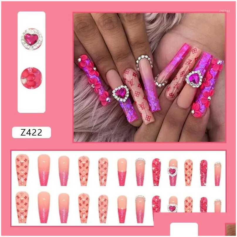 False Nails Z422 Luxury Heart Rhinestone Press On With Charms Extra Long Coffin Fake Designs Wholesale Bulk