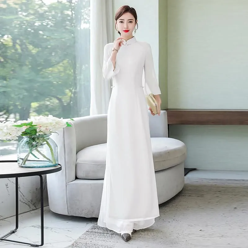 Ethnic Clothing 2022 Vietnamese Aodai Dress For Women Traditional Chinese Style Vintage Elegant Slim Qi Pao Top+pants Sets Asian