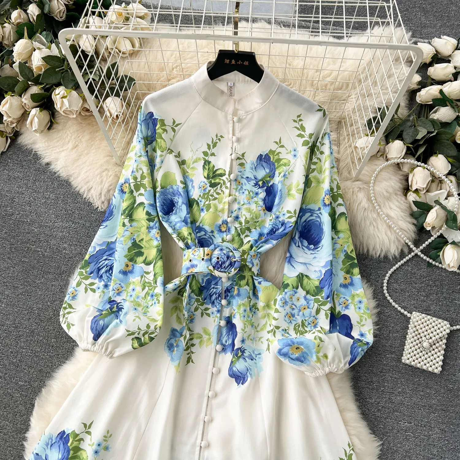 Casual Dresses A-Line Sexy Summer Elegant Gorgeous Floral Bohemian Dress Spring Women Stand Long Lantern Sleeve Floral Print Belt Linen Long Vestidos Clothes