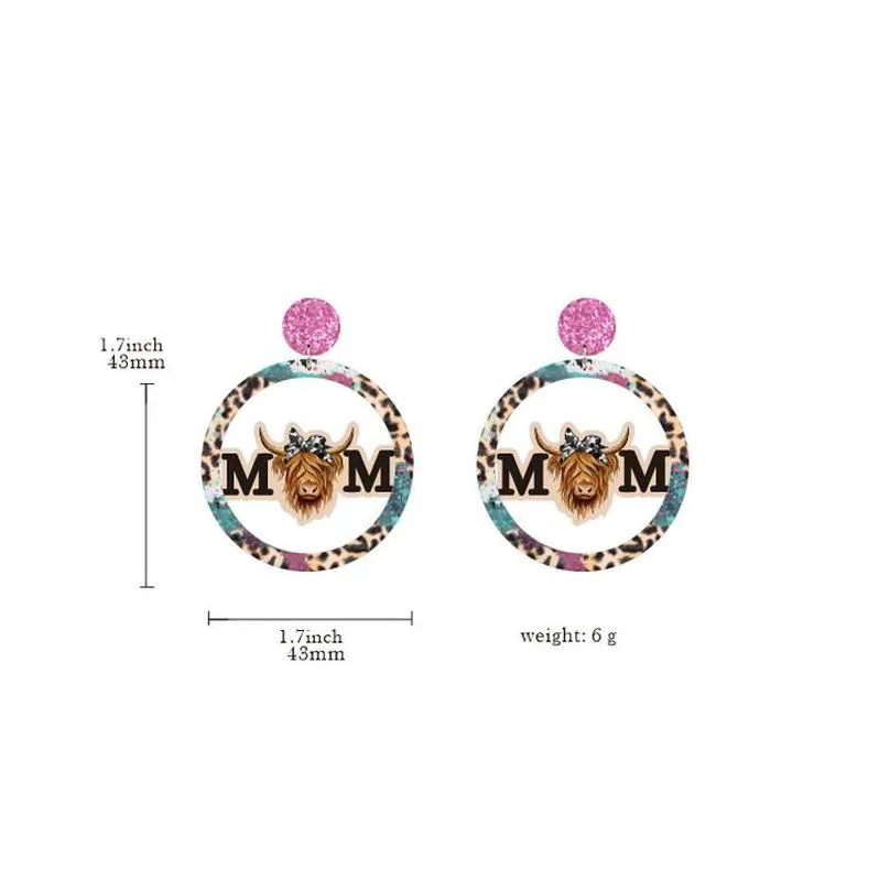 Charm Mothers Day Mama Round Wooden Earrings Sun Flower Daisy Butterfly Leopard Print Cow For Moms Ornaments Drop Delivery Jewelry Dh9Dx