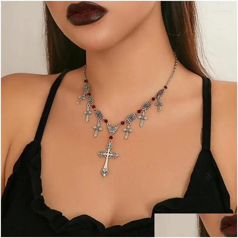 Chains Gothic Necklace With Cross Pendant Exquisite Hip Hop Charm Punk Thorn Clavicle Chain Religious Drop