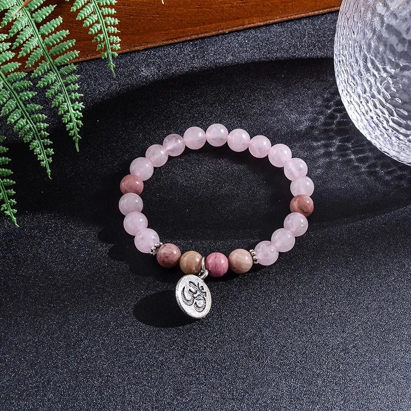 Beaded Necklaces 8mm Natural Rhodolite Rose Quartz Beaded Necklace Set Meditation Yoga Spirit Jewelry 108 Japa Mala Rosary with OM Pendant