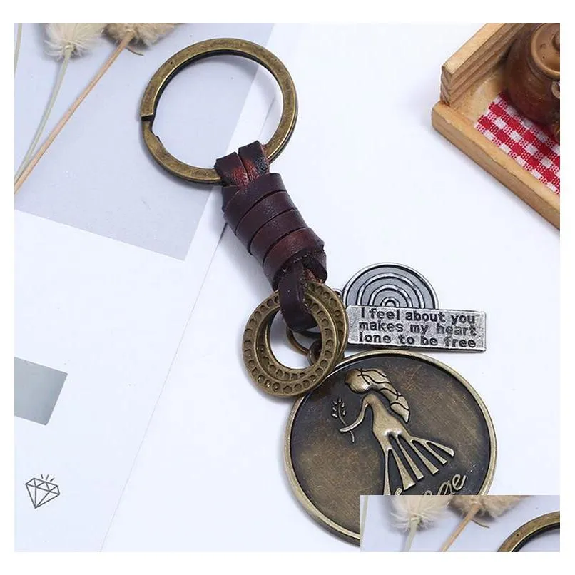 Keychains & Lanyards 12 Constellation Keychain Cowe Zodiac Retro Woven Key Chain Bronze Keyring For Birthday Gift Drop Delivery Fashi Dh1Y6