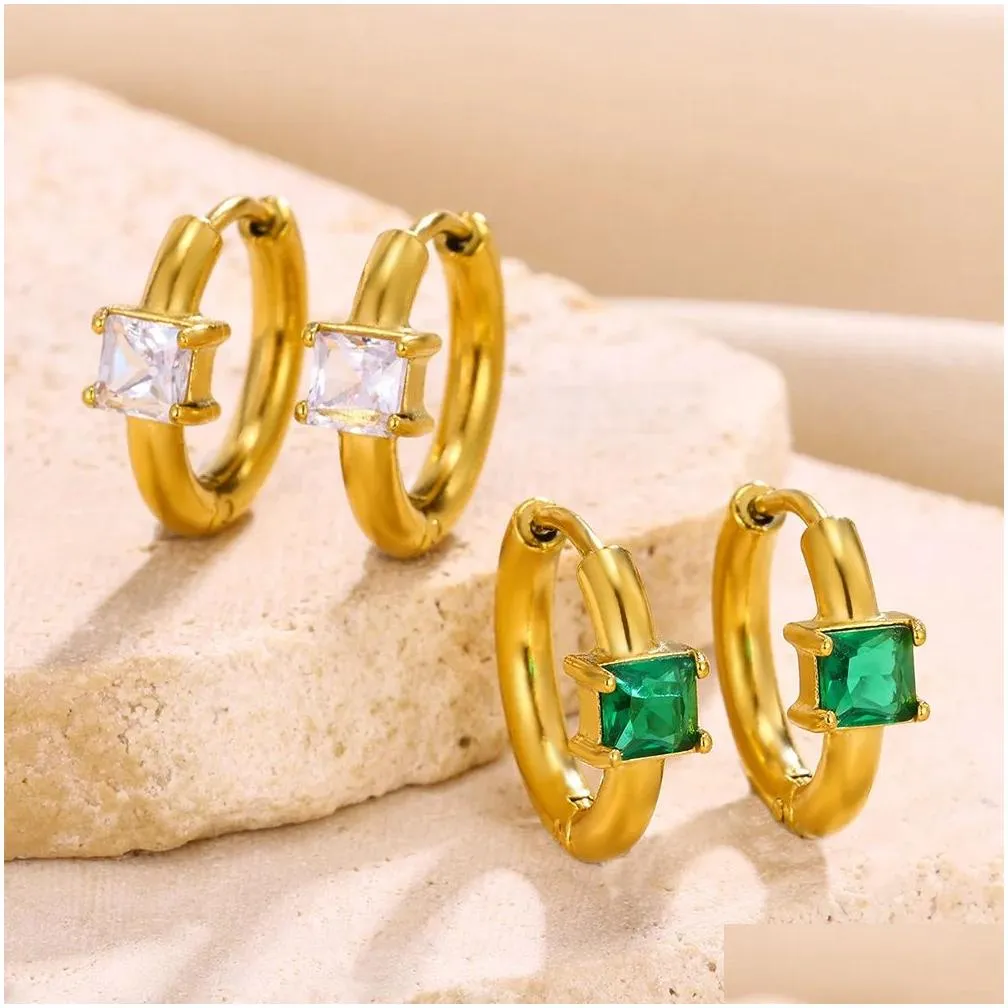 Romantic Colorful Square Zircon Hoop 14k Yellow Gold Earrings Temperament Women Accessories Daily Wear Earrings Cubic Girls Minimalism