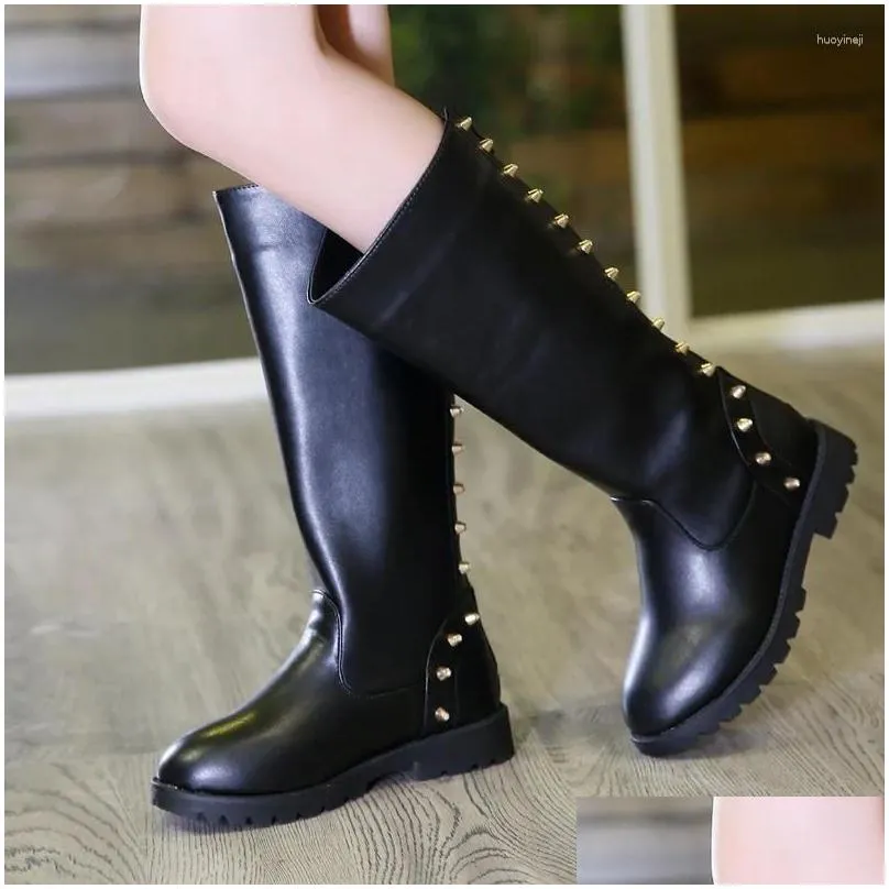 Boots 2024 Winter Baby Girl Fashion Pu Leather High Children Warm Rivet Over-the-Knee Shoes Kid Brand Soft Toddler Flat