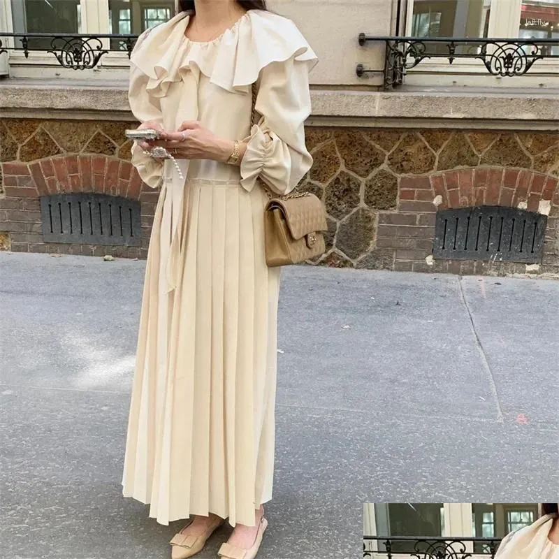 Casual Dresses Elegant Ruffle Collar For Women 2024 French Long Sleeve Bangage Pleated Maxi Vintage A Line Party Dress Q485