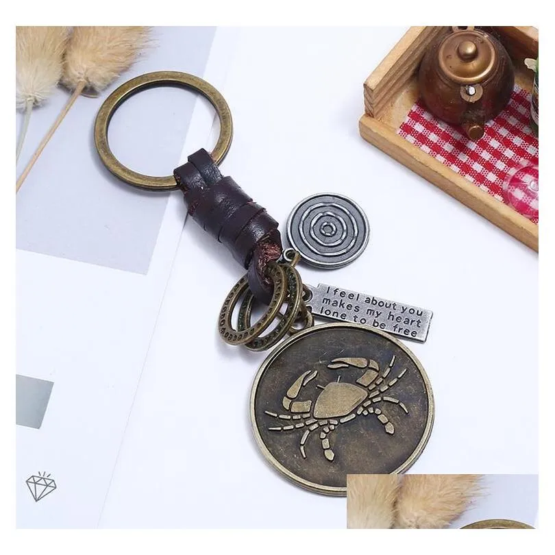 Keychains & Lanyards 12 Constellation Keychain Cowe Zodiac Retro Woven Key Chain Bronze Keyring For Birthday Gift Wholesale Drop Deli Dhljj