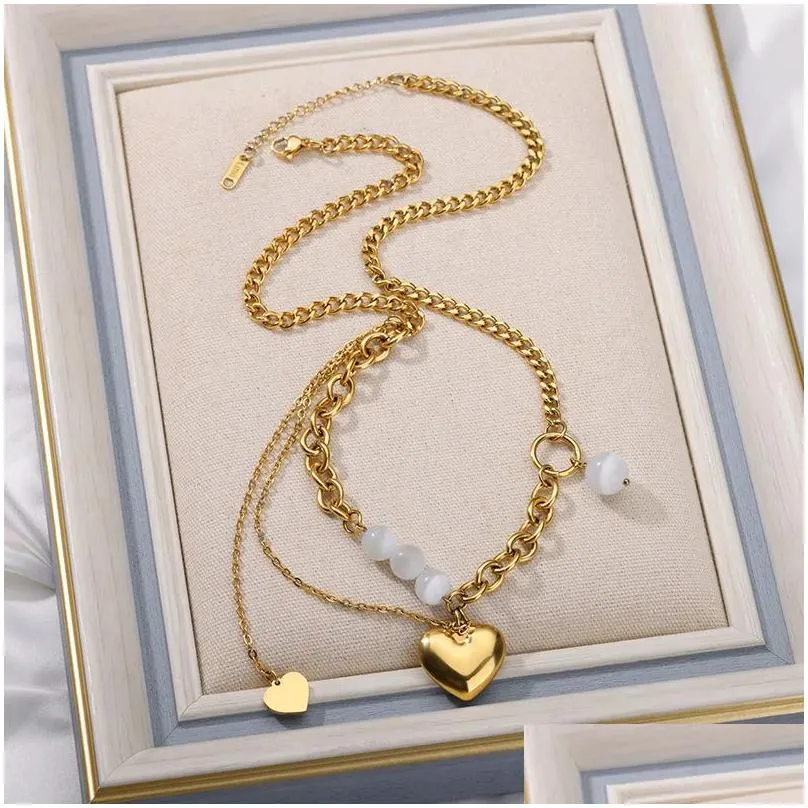 Punk Double Layer Love Heart Pearl Thick Clavicle Chain 14k Yellow Gold Necklace For Women Sweet Bead Trend Jewelry