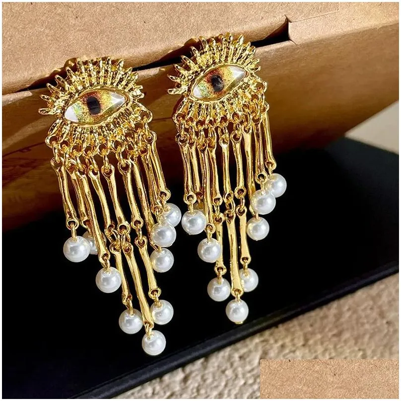 XIALUOKE Devil Eye Earrings European American Style Personality Pearl Tassel Dangle Earrings Party Holiday Jewelry Gifts 240202