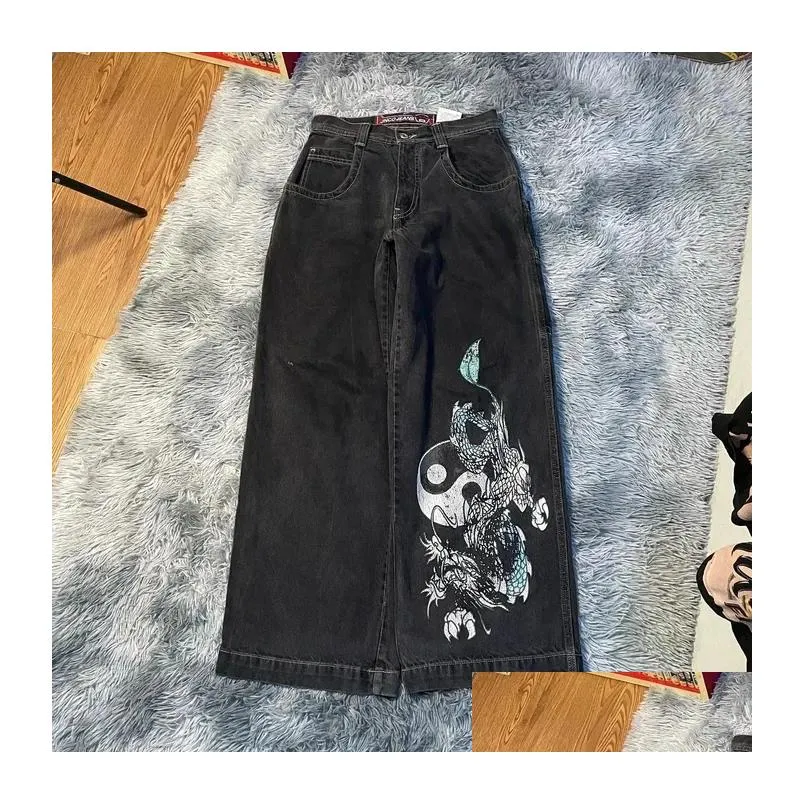 Men`S Jeans Mens Streetwear Hip Hop Retro Skl Graphic Print Baggy Black Pants Men Women Harajuku Gothic Wide Trousers 230925 Drop Del Dhpm4