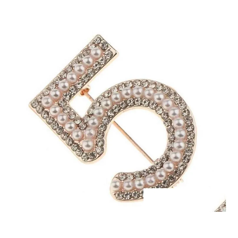 Pins, Brooches Classic Gold Sier Color Letter 5 Fl Crystal Rhinestone Pins For Women Party Pearl Flower Number Brooch Jewelry Wholesa Dhk7F