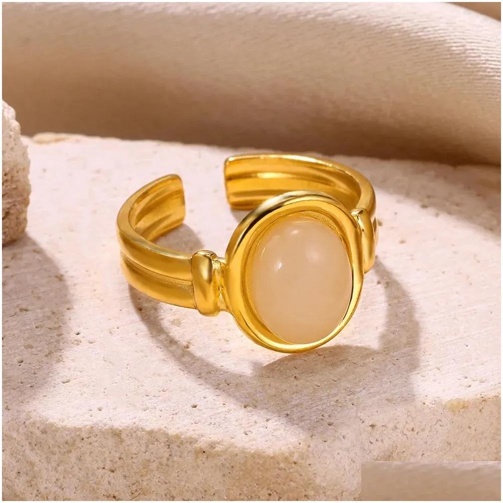 Opal Geometric 14k Yellow Gold Rings For Women Width Circle Open Rings Finger Fashion Wedding Jewelry Christmas GIfts