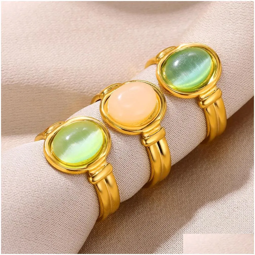 Opal Geometric 14k Yellow Gold Rings For Women Width Circle Open Rings Finger Fashion Wedding Jewelry Christmas GIfts