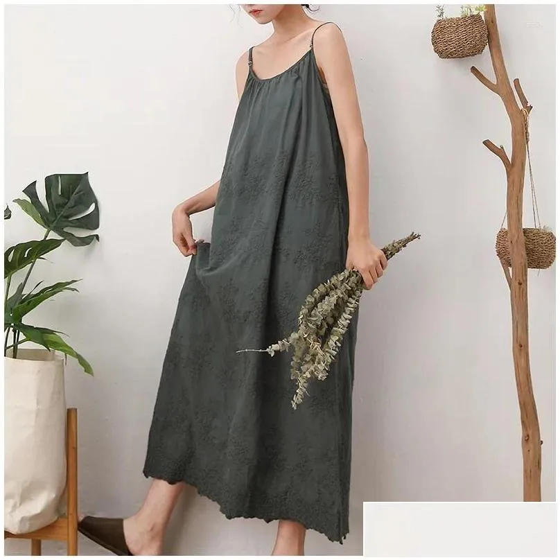 Casual Dresses Spring Summer Y2k Dress For Women Sweet Solid Colour Clothing Embroidery Loose Halter Bottom Cotton Linen Long