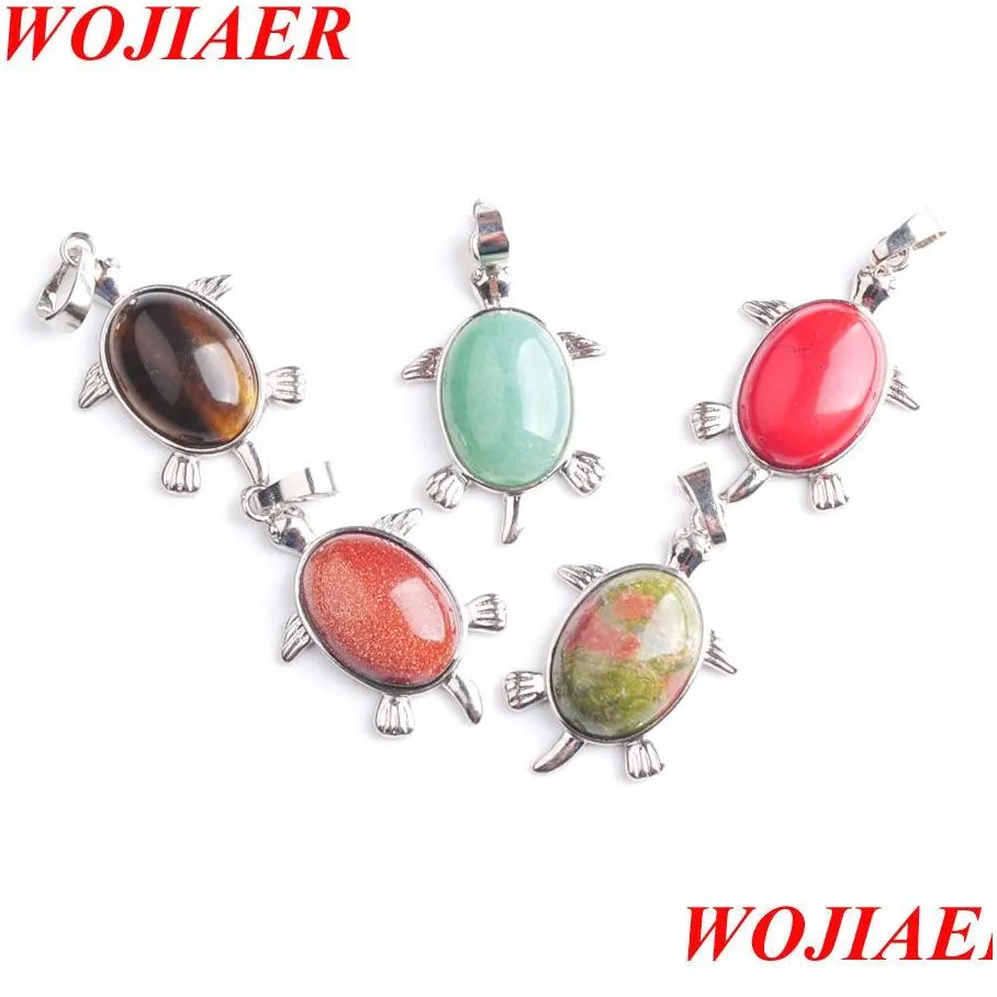 WOJIAER Natural Tigers Eye Stone Tiny Turtle Pendants Reiki Lucky Animal Sea Charm Jewelry for Women BE910