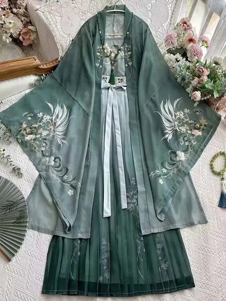 Ethnic Clothing Hanfu Dres Chinese Traditional Vintage Female Halloween Cosplay Costume Printed Green 3pcs Sets Plus 231212