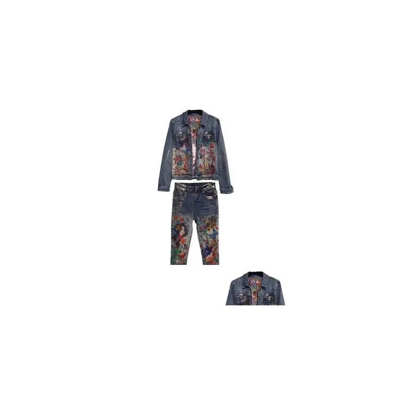 Women`S Two Piece Pants Flowers Print Jacket Suit Pcs Elastic Material Painting Fashion Trends Women Pant Set Skinny Jeans T200702 Dr Dh6Gr