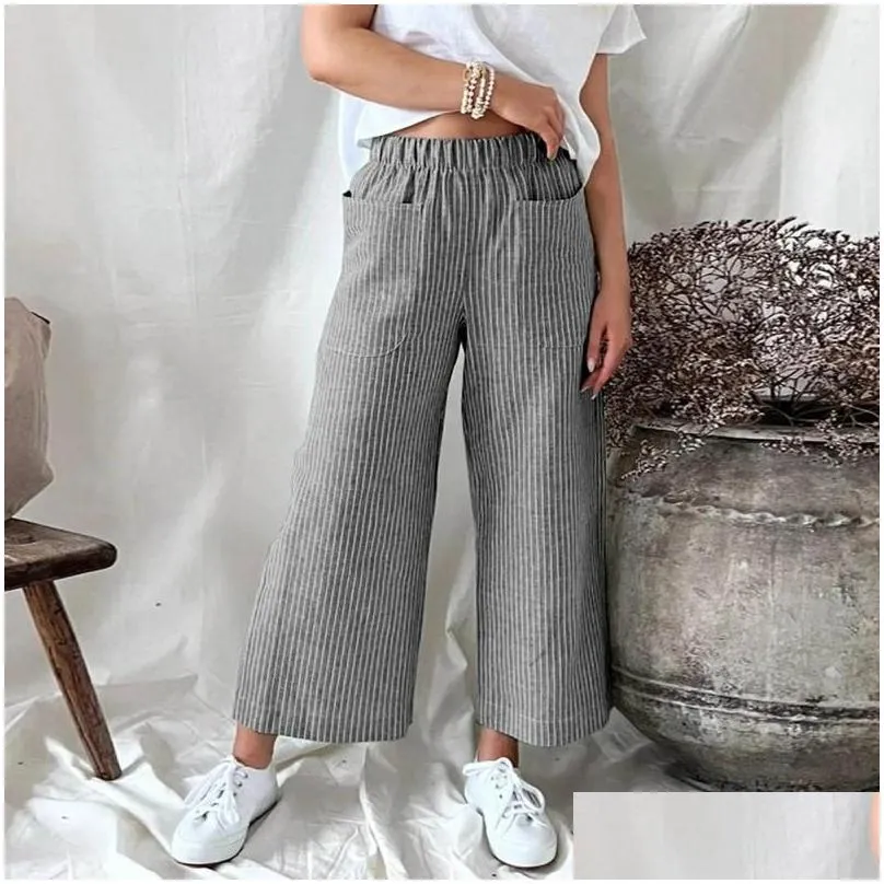 Women`s Pants Summer Pocket Solid Color Elastic Waist Wide Leg Women Cotton Linen Loose Office Lady Pleated Fashion Casual Trousers