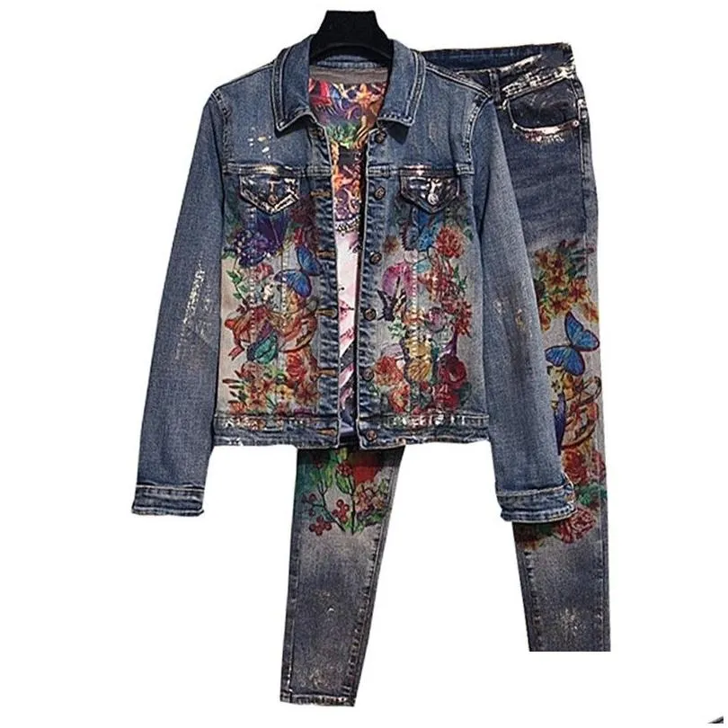 Women`S Two Piece Pants Flowers Print Jacket Suit Pcs Elastic Material Painting Fashion Trends Women Pant Set Skinny Jeans T200702 Dr Dh6Gr