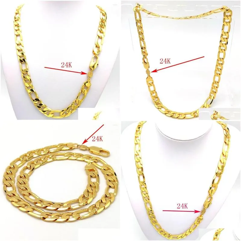 Chains Solid Hallmarked Yellow Fine Stamep 24 K Gold GF Figaro Chain Link Necklace Lengths 12 Mm Italian 60 CM Heavy